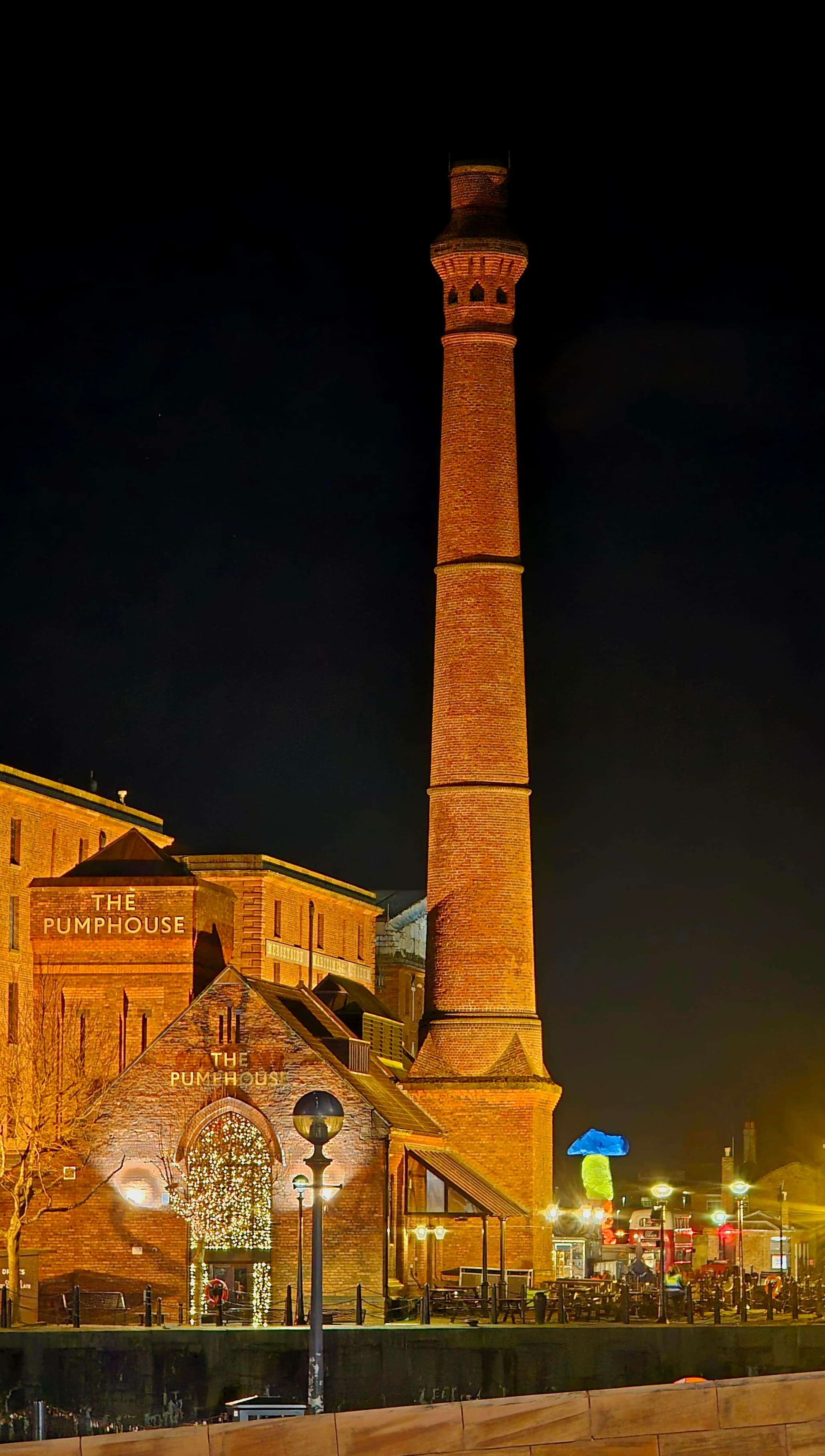 The Pumphouse and tall brick chimney at Albert Dock, Liverpool at night