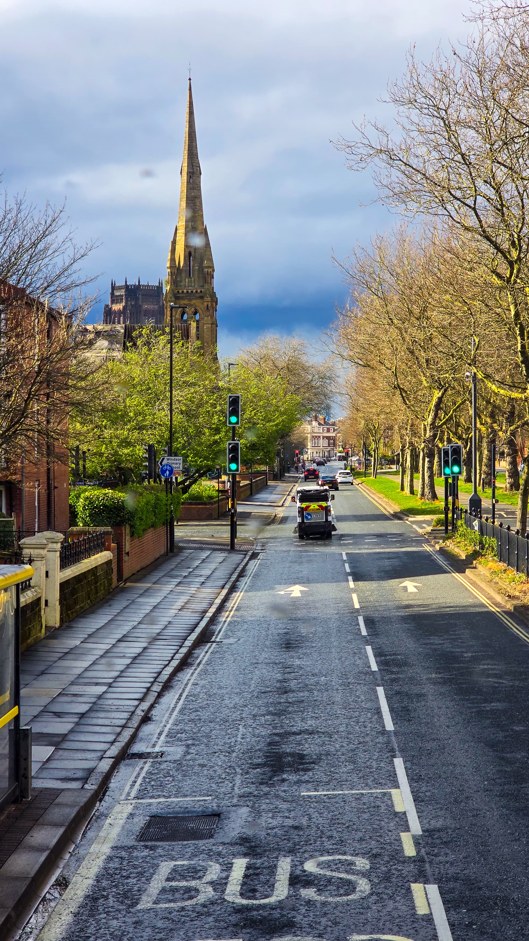 Church spire and road view in Liverpool