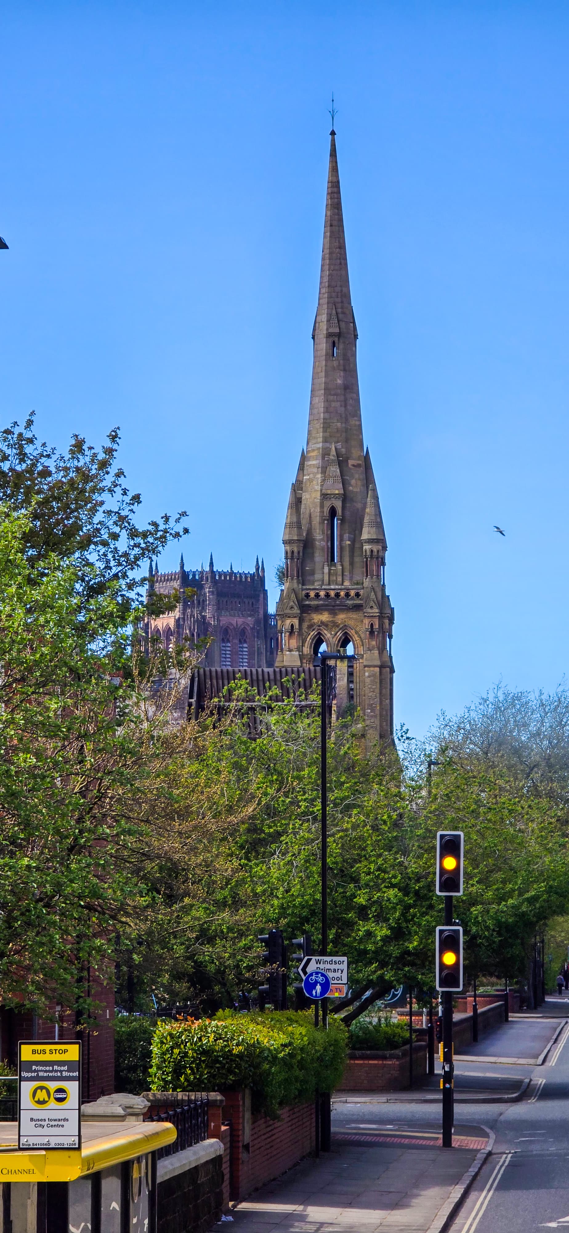 Tall church spire and cathedral partially visible above green trees in Liverpool on a sunny day
