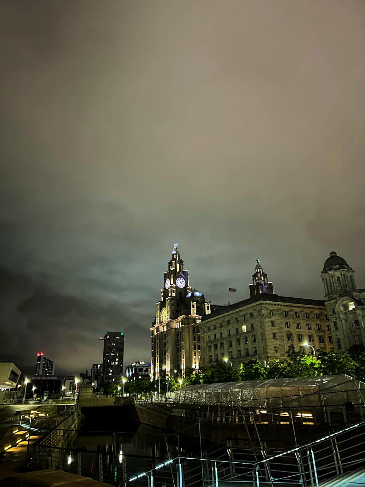 Liver Building illuminated under a cloudy night sky in Liverpool, with reflections on the canal and city lights around.