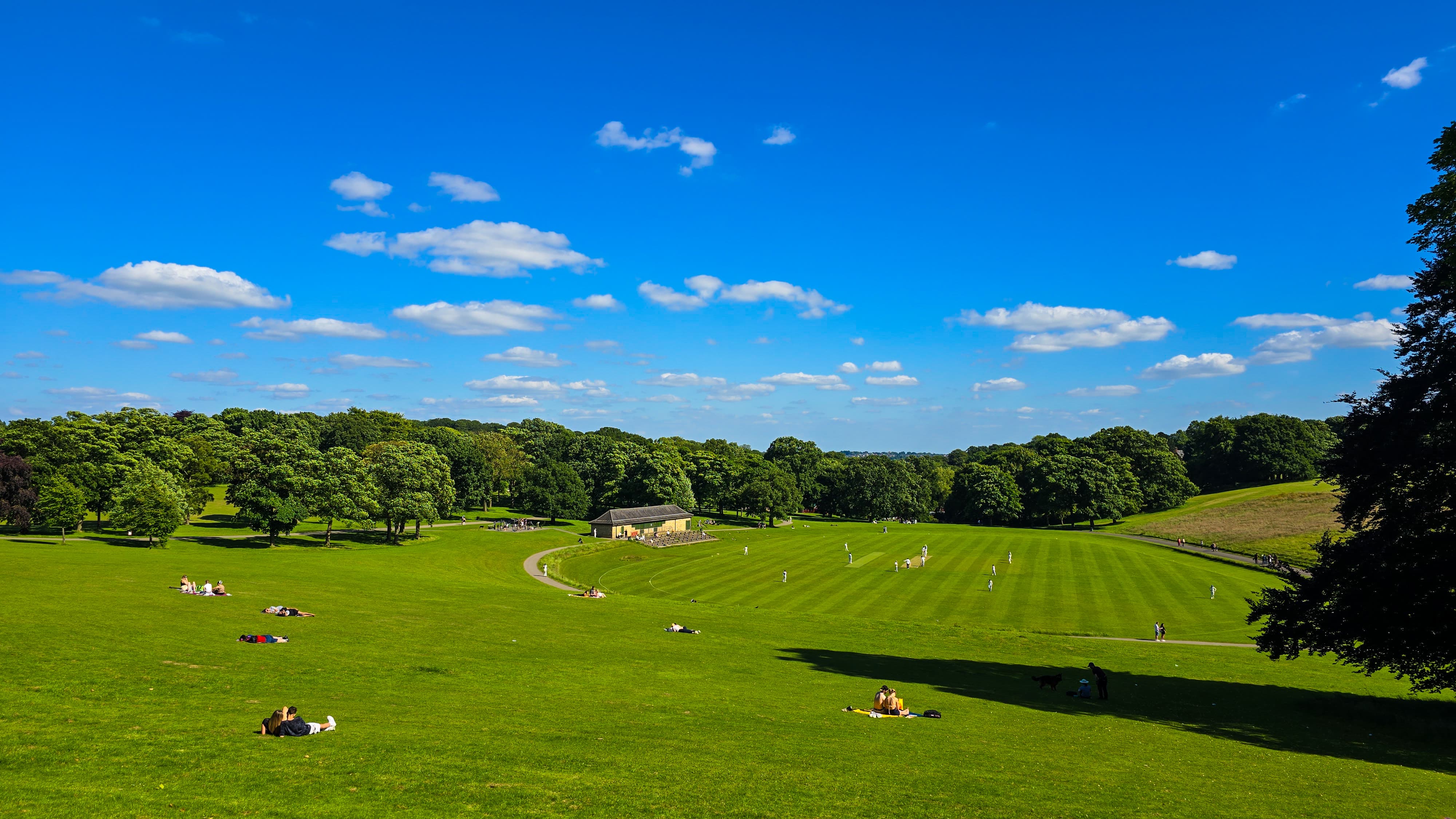 Wide-angle view of Roundhay Park in Leeds with people relaxing and a cricket game under a blue summer sky.