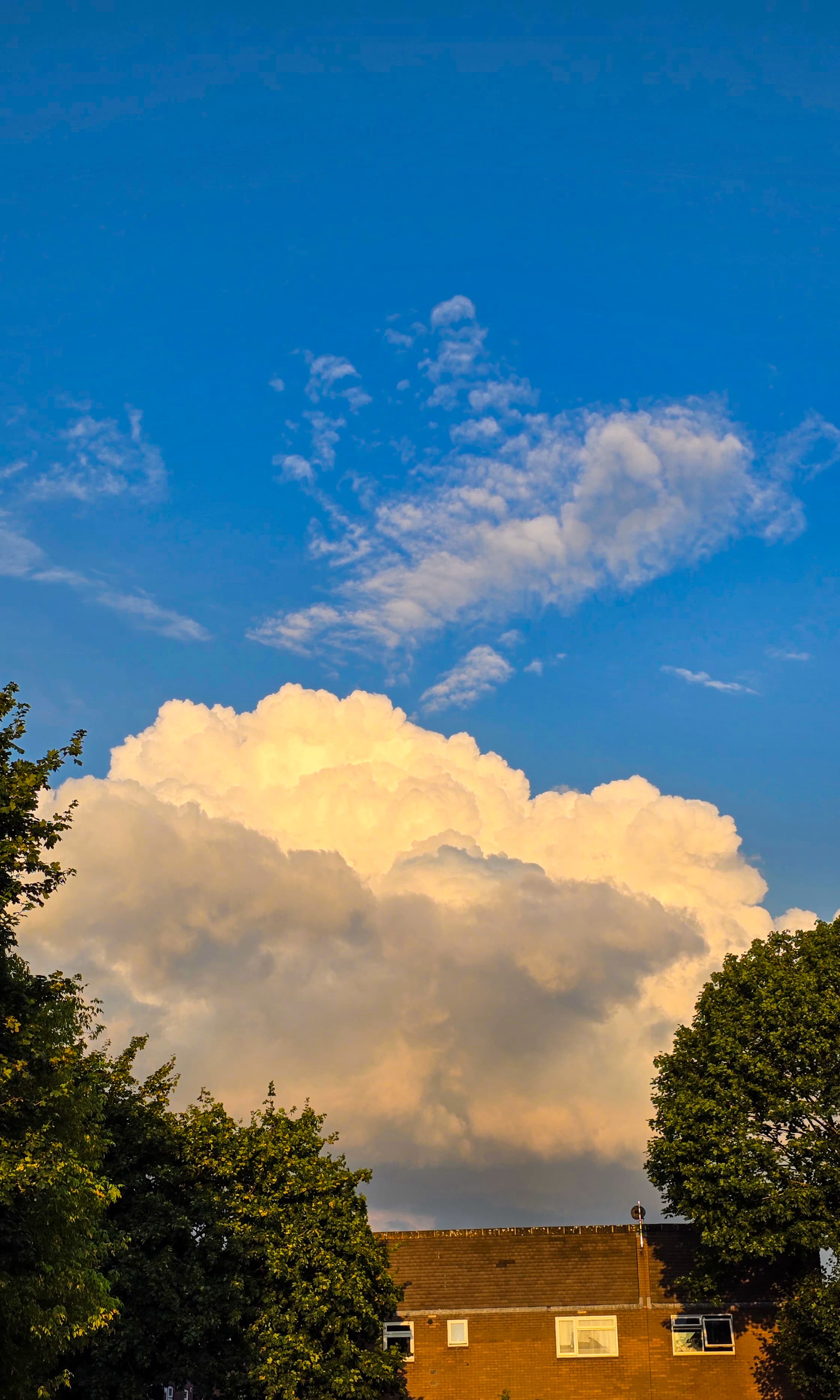 Glowing golden clouds towering above rooftops and trees during sunset in Leeds.
